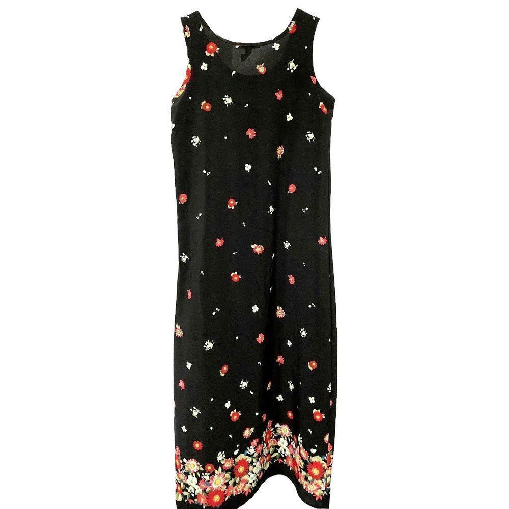 Ralph Lauren LRL Black Multi Floral Maxi Dress Sz M Border Print Side Slit